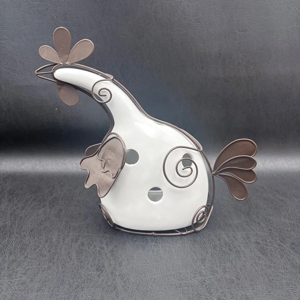 White Ceramic Chicken Tea Light Holder Brown Wire Frame Farmhouse Decor 11in